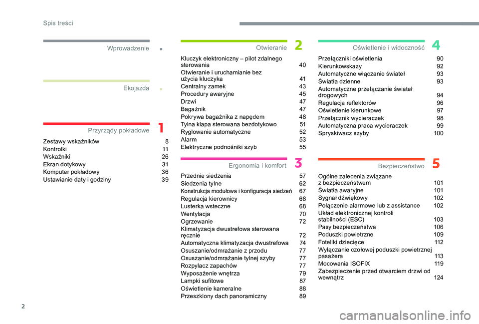 CITROEN C4 SPACETOURER 2021  Instrukcja obsługi (in Polish) 2
.
.
Zestawy wskaźników 8
K o n t r o l k i 11
W
skaźniki
 2
 6
Ekran dotykowy
 
3
 1
Komputer pokładowy
 
3
 6
Ustawianie daty i
  godziny  
3
 9Kluczyk elektroniczny – pilot zdalnego 
sterowa