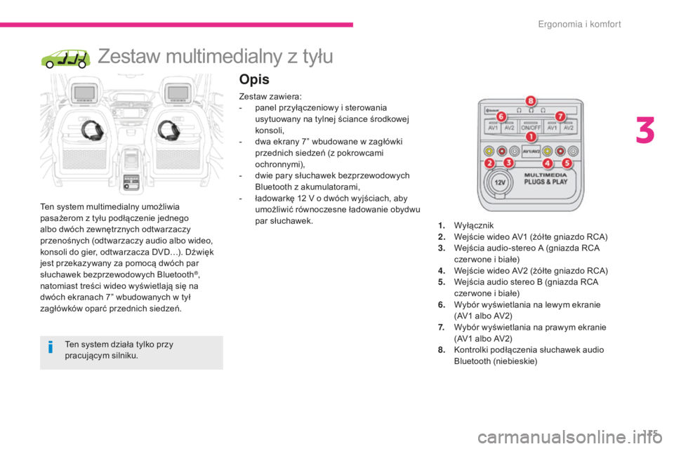 CITROEN C4 SPACETOURER 2018  Instrukcja obsługi (in Polish) 115
C4-Picasso-II_pl_Chap03_ergonomie-confort_ed02-2016
Zestaw multimedialny z tyłu
Ten system multimedialny umożliwia 
pasażerom z tyłu podłączenie jednego 
albo dwóch zewnętrznych odtwarzacz