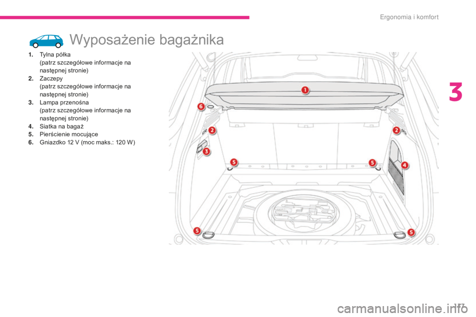CITROEN C4 SPACETOURER 2018 Instrukcja obsługi (in Polish) 117
C4-Picasso-II_pl_Chap03_ergonomie-confort_ed02-2016
Wyposażenie bagażnika
1. Tylna półka (patrz szczegółowe informacje na
następnej stronie)
2.
Z
aczepy
(
patrz szczegółowe informacj CITROEN C4 SPACETOURER 2018 Instrukcja obsługi (in Polish) 117
C4-Picasso-II_pl_Chap03_ergonomie-confort_ed02-2016
Wyposażenie bagażnika
1. Tylna półka (patrz szczegółowe informacje na
następnej stronie)
2.
Z
aczepy
(
patrz szczegółowe informacj
