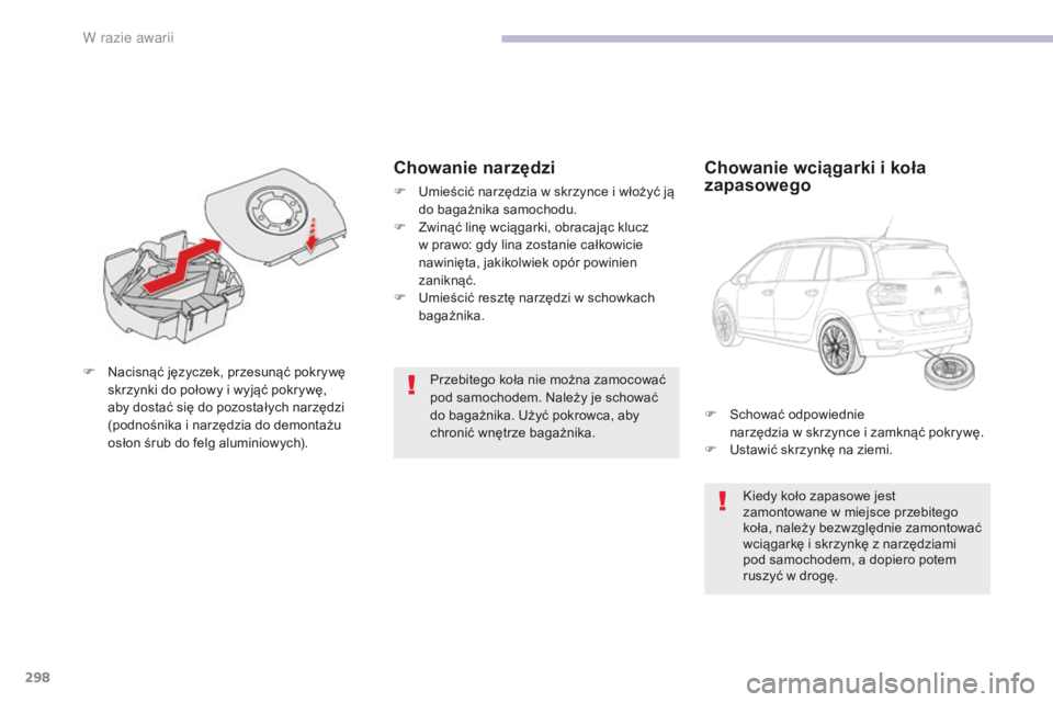 CITROEN C4 SPACETOURER 2018 Instrukcja obsługi (in Polish) 298
C4-Picasso-II_pl_Chap08_en-cas-panne_ed02-2016
Przebitego koła nie można zamocować
pod samochodem. Należy je schować
do bagażnika. Użyć pokrowca, aby
chronić wnętrze bagażnika.
F
N
CITROEN C4 SPACETOURER 2018 Instrukcja obsługi (in Polish) 298
C4-Picasso-II_pl_Chap08_en-cas-panne_ed02-2016
Przebitego koła nie można zamocować
pod samochodem. Należy je schować
do bagażnika. Użyć pokrowca, aby
chronić wnętrze bagażnika.
F
N