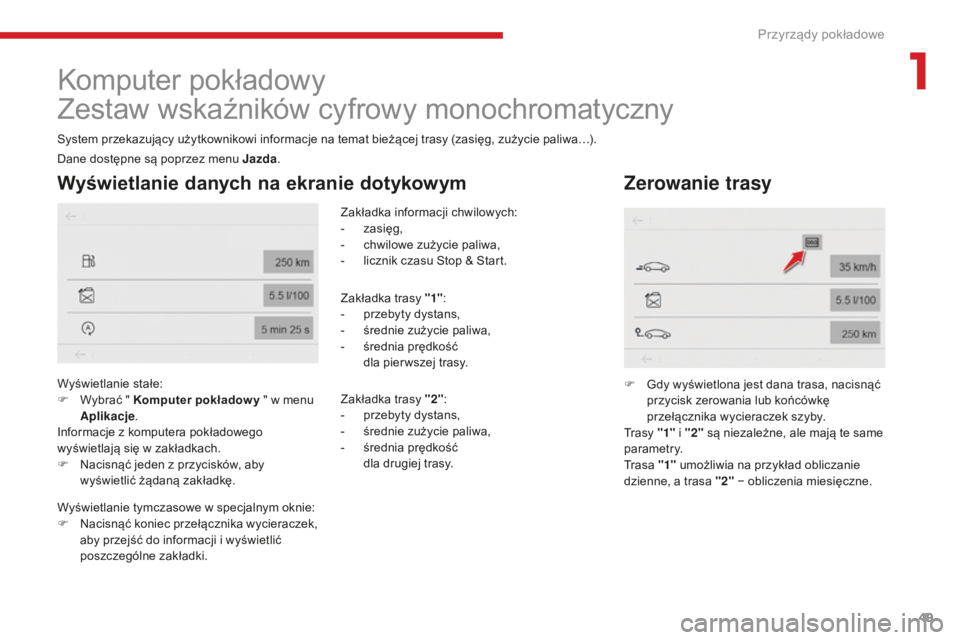 CITROEN C4 SPACETOURER 2018  Instrukcja obsługi (in Polish) 49
C4-Picasso-II_pl_Chap01_instruments-bord_ed02-2016
Komputer pokładowy
Zestaw wskaźników cyfrowy monochromatyczny
System przekazujący użytkownikowi informacje na temat bieżącej trasy (zasięg