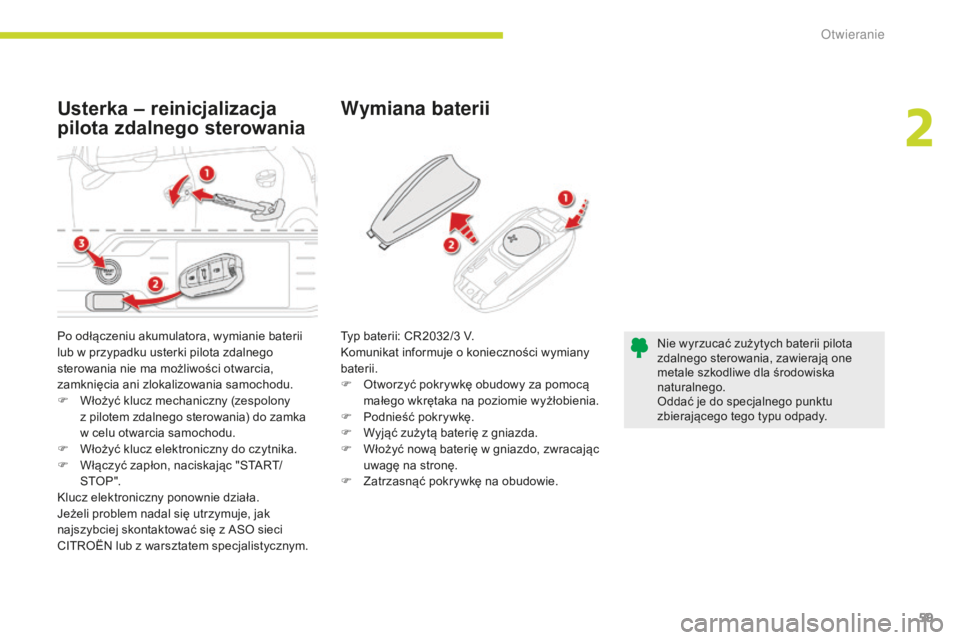 CITROEN C4 SPACETOURER 2018 Instrukcja obsługi (in Polish) 59
C4-Picasso-II_pl_Chap02_ouvertures_ed02-2016
Usterka – reinicjalizacja
pilota zdalnego sterowaniaWymiana baterii
Po odłączeniu akumulatora, wymianie baterii
lub w przypadku usterki pilota zda CITROEN C4 SPACETOURER 2018 Instrukcja obsługi (in Polish) 59
C4-Picasso-II_pl_Chap02_ouvertures_ed02-2016
Usterka – reinicjalizacja
pilota zdalnego sterowaniaWymiana baterii
Po odłączeniu akumulatora, wymianie baterii
lub w przypadku usterki pilota zda