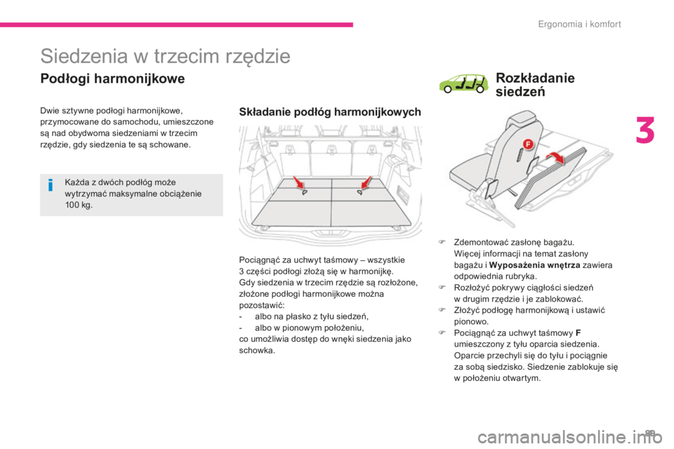 CITROEN C4 SPACETOURER 2018 Instrukcja obsługi (in Polish) 89
C4-Picasso-II_pl_Chap03_ergonomie-confort_ed02-2016
Siedzenia w trzecim rzędzie
Podłogi harmonijkowe
Składanie podłóg harmonijkowych
F Zdemontować zasłonę bagażu.
W ięcej informacji na CITROEN C4 SPACETOURER 2018 Instrukcja obsługi (in Polish) 89
C4-Picasso-II_pl_Chap03_ergonomie-confort_ed02-2016
Siedzenia w trzecim rzędzie
Podłogi harmonijkowe
Składanie podłóg harmonijkowych
F Zdemontować zasłonę bagażu.
W ięcej informacji na