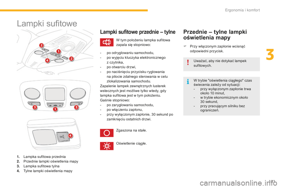 CITROEN C4 SPACETOURER 2016 Instrukcja obsługi (in Polish) 121
C4-Picasso-II_pl_Chap03_ergonomie-confort_ed01-2016
Lampki sufitowe
1. Lampka sufitowa przednia
2. Przednie lampki oświetlenia mapy
3.
L
ampka sufitowa tylna
4.
T
ylne lampki oświetlenia map CITROEN C4 SPACETOURER 2016 Instrukcja obsługi (in Polish) 121
C4-Picasso-II_pl_Chap03_ergonomie-confort_ed01-2016
Lampki sufitowe
1. Lampka sufitowa przednia
2. Przednie lampki oświetlenia mapy
3.
L
ampka sufitowa tylna
4.
T
ylne lampki oświetlenia map