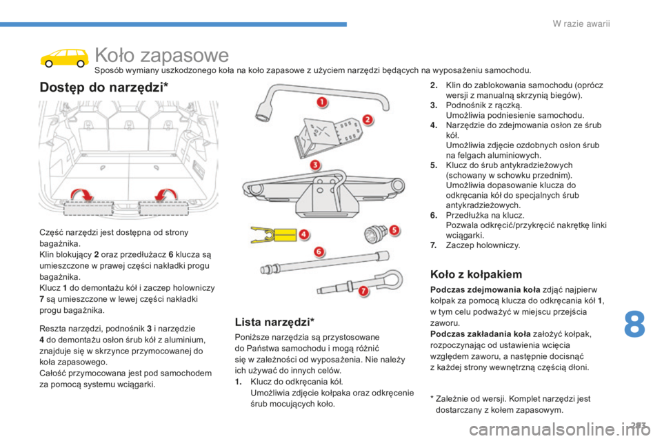 CITROEN C4 SPACETOURER 2016 Instrukcja obsługi (in Polish) 293
C4-Picasso-II_pl_Chap08_en-cas-panne_ed01-2016
Koło zapasoweSposób wymiany uszkodzonego koła na koło zapasowe z użyciem narzędzi będących na wyposażeniu samochodu.
C
zęść narzędzi jes CITROEN C4 SPACETOURER 2016 Instrukcja obsługi (in Polish) 293
C4-Picasso-II_pl_Chap08_en-cas-panne_ed01-2016
Koło zapasoweSposób wymiany uszkodzonego koła na koło zapasowe z użyciem narzędzi będących na wyposażeniu samochodu.
C
zęść narzędzi jes