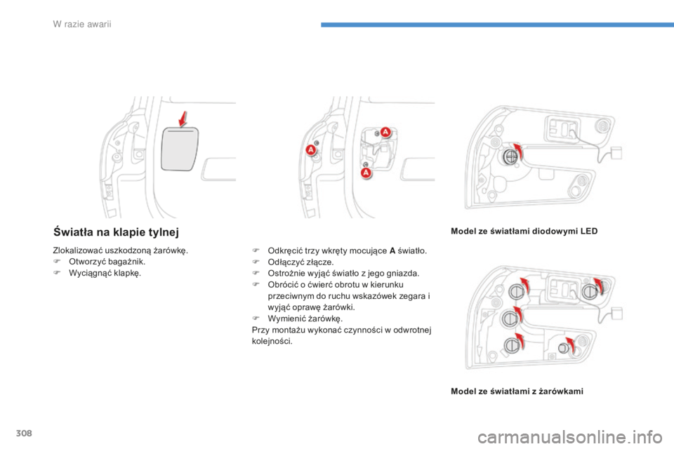 CITROEN C4 SPACETOURER 2016 Instrukcja obsługi (in Polish) 308
C4-Picasso-II_pl_Chap08_en-cas-panne_ed01-2016
Światła na klapie tylnejModel ze światłami diodow ymi LED
Model ze światłami z żarówkami
Zlokalizować uszkodzoną żarówkę.
F
O
twor CITROEN C4 SPACETOURER 2016 Instrukcja obsługi (in Polish) 308
C4-Picasso-II_pl_Chap08_en-cas-panne_ed01-2016
Światła na klapie tylnejModel ze światłami diodow ymi LED
Model ze światłami z żarówkami
Zlokalizować uszkodzoną żarówkę.
F
O
twor