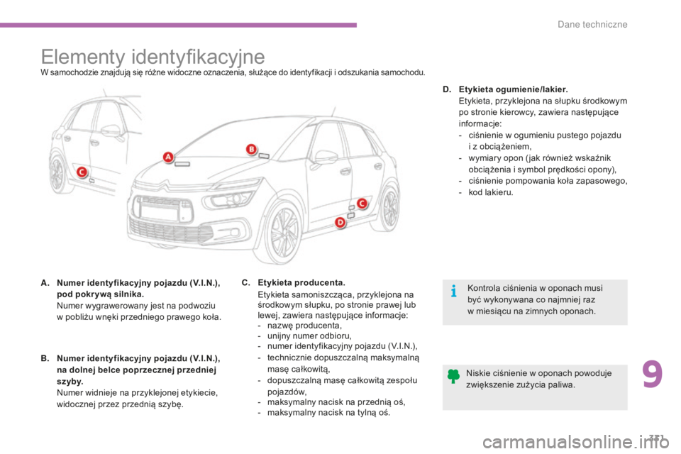 CITROEN C4 SPACETOURER 2016 Instrukcja obsługi (in Polish) 331
C4-Picasso-II_pl_Chap09_caracteristiques-techniques_ed01-2016
Elementy identyfikacyjneW samochodzie znajdują się różne widoczne oznaczenia, służące do identyfikacji i odszukania samochodu.
CITROEN C4 SPACETOURER 2016 Instrukcja obsługi (in Polish) 331
C4-Picasso-II_pl_Chap09_caracteristiques-techniques_ed01-2016
Elementy identyfikacyjneW samochodzie znajdują się różne widoczne oznaczenia, służące do identyfikacji i odszukania samochodu.