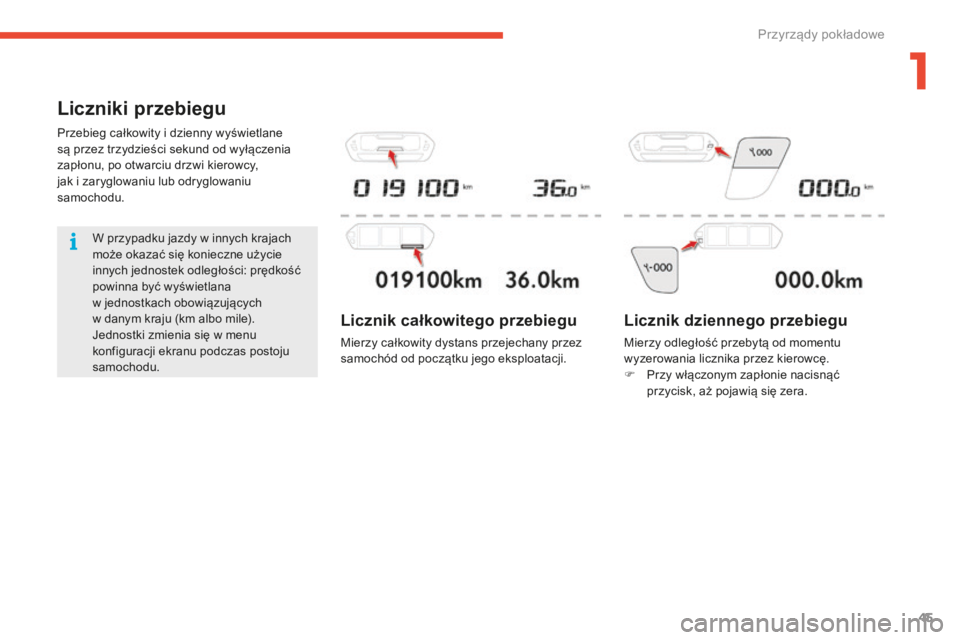 CITROEN C4 SPACETOURER 2016  Instrukcja obsługi (in Polish) 45
C4-Picasso-II_pl_Chap01_instruments-bord_ed01-2016
Liczniki przebiegu
Przebieg całkowity i dzienny wyświetlane 
s ą przez trzydzieści   sekund od wyłączenia 
zapłonu, po otwarciu drzwi
  kie