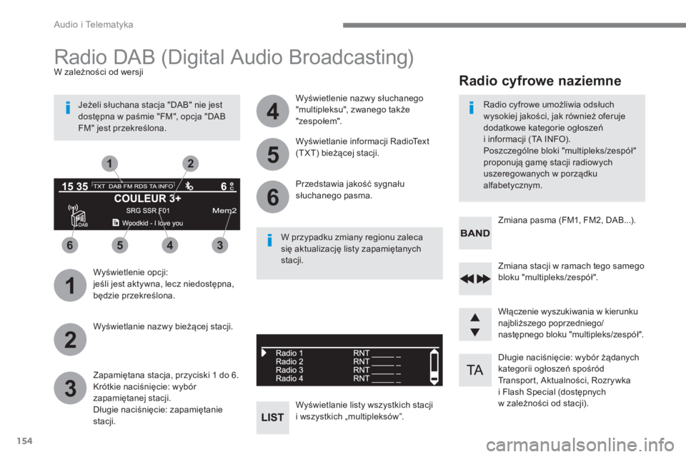 CITROEN C4 SPACETOURER 2016 Instrukcja obsługi (in Polish) 154
1
3
5
2
4
6
6543
21
Audio i Telematyka
Długie naciśnięcie: wybór żądanych
kategorii ogłoszeń spośród
Transport, Aktualności, Rozrywka
i Flash Special (dostępnych
w zależno CITROEN C4 SPACETOURER 2016 Instrukcja obsługi (in Polish) 154
1
3
5
2
4
6
6543
21
Audio i Telematyka
Długie naciśnięcie: wybór żądanych
kategorii ogłoszeń spośród
Transport, Aktualności, Rozrywka
i Flash Special (dostępnych
w zależno
