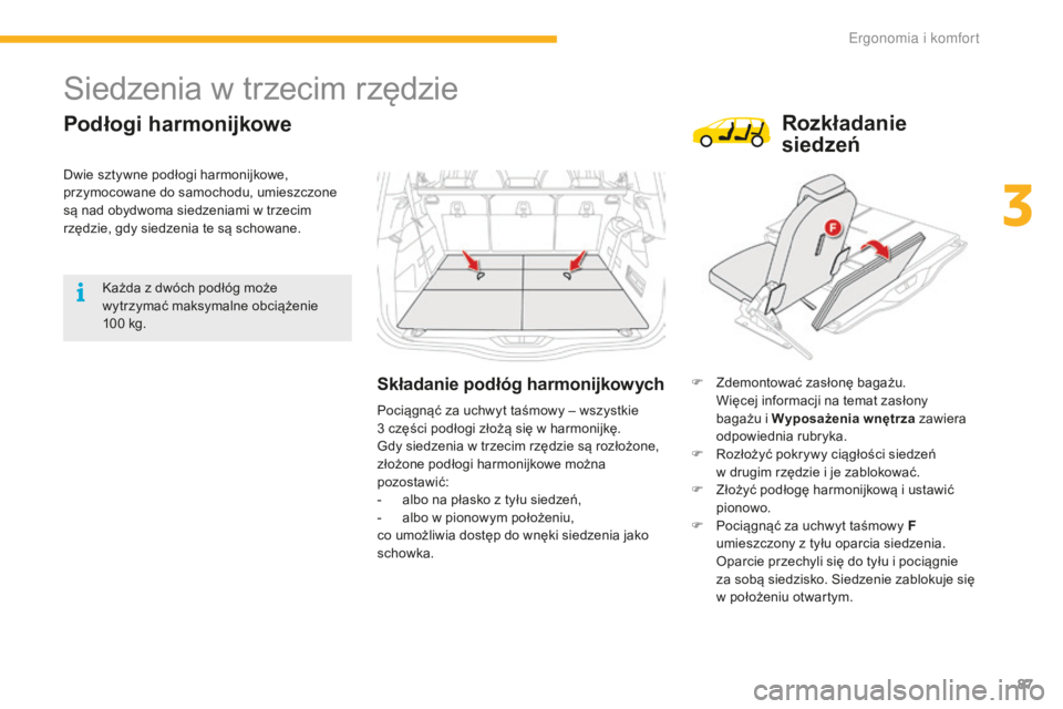 CITROEN C4 SPACETOURER 2016 Instrukcja obsługi (in Polish) 87
C4-Picasso-II_pl_Chap03_ergonomie-confort_ed01-2016
Siedzenia w trzecim rzędzie
Podłogi harmonijkowe
Składanie podłóg harmonijkowychF Zdemontować zasłonę bagażu.
W ięcej informacji na t CITROEN C4 SPACETOURER 2016 Instrukcja obsługi (in Polish) 87
C4-Picasso-II_pl_Chap03_ergonomie-confort_ed01-2016
Siedzenia w trzecim rzędzie
Podłogi harmonijkowe
Składanie podłóg harmonijkowychF Zdemontować zasłonę bagażu.
W ięcej informacji na t
