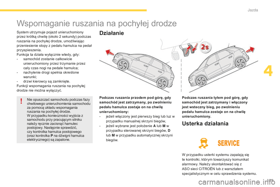 CITROEN C4 SPACETOURER 2015 Instrukcja obsługi (in Polish) 139
c4-Picasso-II_pl_chap04_conduite_ed01-2014
Wspomaganie ruszania na pochyłej drodze
system utrzymuje pojazd unieruchomiony
przez krótką chwilę (około 2 sekundy) podczas
ruszania na pochyłe CITROEN C4 SPACETOURER 2015 Instrukcja obsługi (in Polish) 139
c4-Picasso-II_pl_chap04_conduite_ed01-2014
Wspomaganie ruszania na pochyłej drodze
system utrzymuje pojazd unieruchomiony
przez krótką chwilę (około 2 sekundy) podczas
ruszania na pochyłe