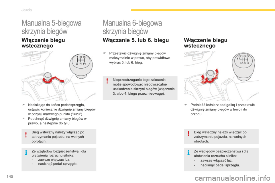 CITROEN C4 SPACETOURER 2015 Instrukcja obsługi (in Polish) 140
c4-Picasso-II_pl_chap04_conduite_ed01-2014
Manualna 5-biegowa
skrzynia biegów
Włączenie biegu
wstecznego
F naciskając do końca pedał sprzęgła, ustawić koniecznie dźwignię zmiany bieg CITROEN C4 SPACETOURER 2015 Instrukcja obsługi (in Polish) 140
c4-Picasso-II_pl_chap04_conduite_ed01-2014
Manualna 5-biegowa
skrzynia biegów
Włączenie biegu
wstecznego
F naciskając do końca pedał sprzęgła, ustawić koniecznie dźwignię zmiany bieg
