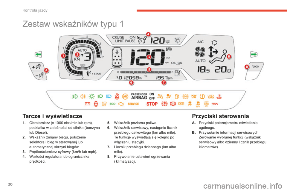 CITROEN C4 SPACETOURER 2015 Instrukcja obsługi (in Polish) 20
c4-Picasso-II_pl_chap01_controle-de-marche_ed01-2014
Zestaw wskaźników typu 1
1. obrotomierz (x 1000 obr./min lub rpm),
podziałka w zależności od silnika (benzyna
lub Diesel).
2.
W
skaźn CITROEN C4 SPACETOURER 2015 Instrukcja obsługi (in Polish) 20
c4-Picasso-II_pl_chap01_controle-de-marche_ed01-2014
Zestaw wskaźników typu 1
1. obrotomierz (x 1000 obr./min lub rpm),
podziałka w zależności od silnika (benzyna
lub Diesel).
2.
W
skaźn