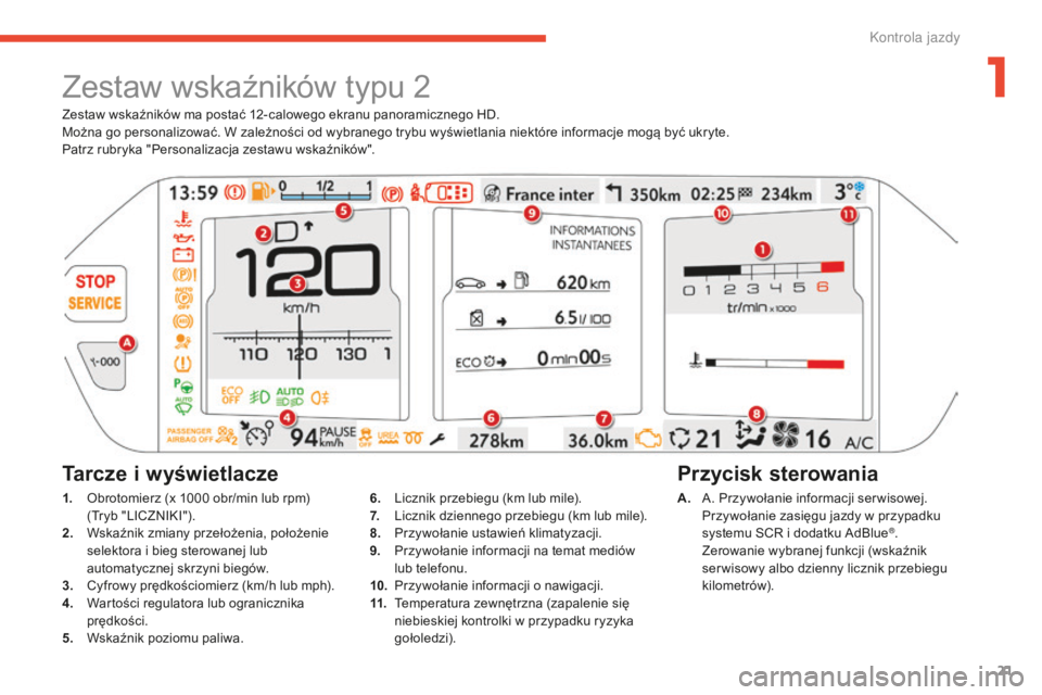 CITROEN C4 SPACETOURER 2015 Instrukcja obsługi (in Polish) 21
c4-Picasso-II_pl_chap01_controle-de-marche_ed01-2014
Zestaw wskaźników ma postać 12-calowego ekranu panoramicznego HD.
Można go personalizować. W zależności od wybranego trybu wyświetlania CITROEN C4 SPACETOURER 2015 Instrukcja obsługi (in Polish) 21
c4-Picasso-II_pl_chap01_controle-de-marche_ed01-2014
Zestaw wskaźników ma postać 12-calowego ekranu panoramicznego HD.
Można go personalizować. W zależności od wybranego trybu wyświetlania
