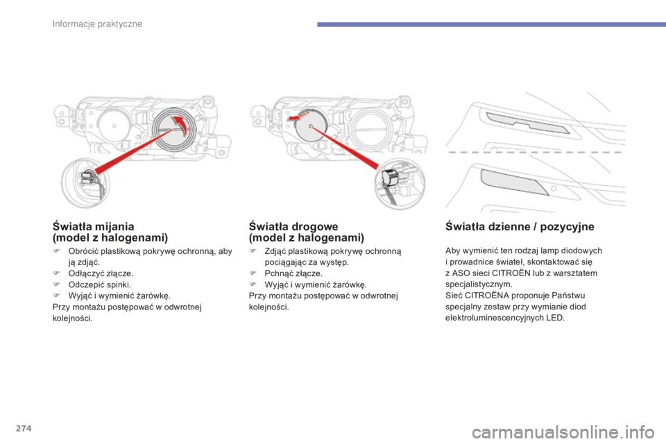 CITROEN C4 SPACETOURER 2015  Instrukcja obsługi (in Polish) 274
C4-Picasso-II_pl_Chap07_info-pratiques_ed01-2014
Światła mijania
(model z halogenami)
F Zdjąć plastikową pokrywę ochronną pociągając za występ.
F
 
Pc
 hnąć złącze.
F
 
W
 yjąć i w