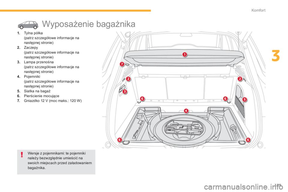 CITROEN C4 SPACETOURER 2014  Instrukcja obsługi (in Polish) 129
3
Komfor t
  Wyposażenie bagażnika 
1. 
 Tylna półka
 (patrz szczegółowe informacje nanastępnej stronie) 2.Zaczepy 
 
 (patrz szczegółowe informacje nanastępnej stronie) 3.Lampa przenoś