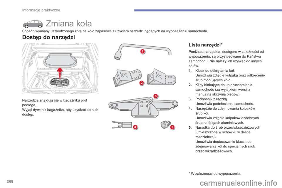 CITROEN C4 SPACETOURER 2014  Instrukcja obsługi (in Polish) 268
Informacje praktyczne
   
 
 
 
 
 
 
 
 
 
 
 
 
 
Zmiana koła 
Narzędzia znajdują się w bagażniku pod podłogą.
Wyjąć dywanik bagażnika, aby uzyskać do nich
dostęp. 
Dostęp do narzę