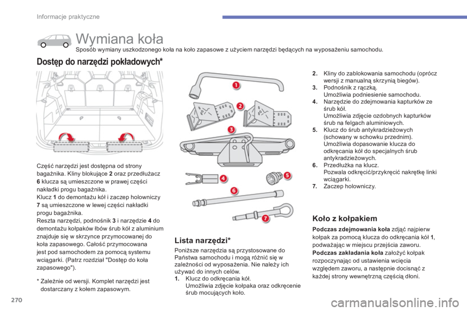CITROEN C4 SPACETOURER 2014  Instrukcja obsługi (in Polish) 270
Informacje praktyczne
*  
  Zależnie od wersji. Komplet narzędzi jest
dostarczan
y z kołem zapasowym.
 
 
 
 
 
 
 
 
 
 
 
Wymiana koła Sposób wymiany uszkodzonego koła na koło zapasowe z 