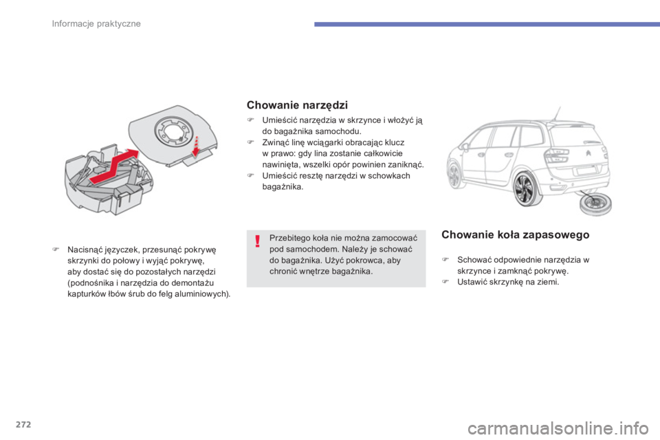 CITROEN C4 SPACETOURER 2014  Instrukcja obsługi (in Polish) 272
Informacje praktyczne
Przebitego koła nie można zamocować pod samochodem. Należy je schować do bagażnika. Uży�ü pokrowca, aby chronić wnętrze bagażnika.  
�)Nacisnąć języczek, przesu