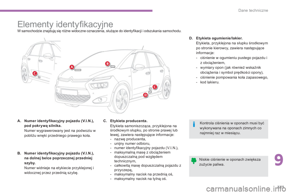CITROEN C4 SPACETOURER 2014  Instrukcja obsługi (in Polish) 9
333
Dane techniczne
   
 
 
 
 
 
 
 
 
 
 
 
 
 
 
 
 
 
 
 
 
 
 
Elementy identyﬁ kacyjne  
W samochodzie znajdują się różne widoczne oznaczenia, służące do identyfikacji i odszukania sa