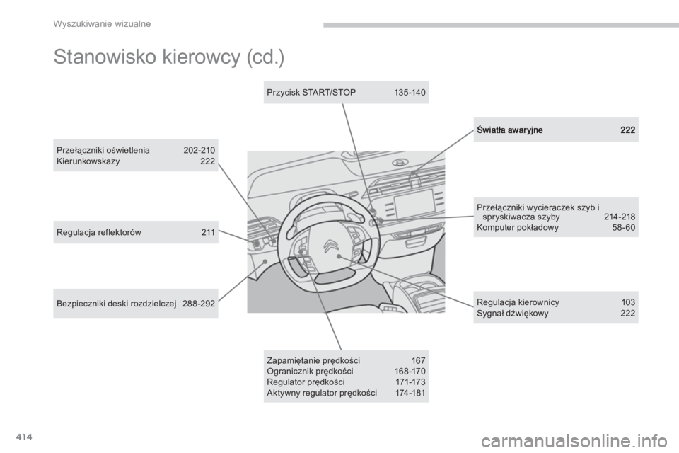 CITROEN C4 SPACETOURER 2014  Instrukcja obsługi (in Polish) 414
Wyszukiwanie wizualne
Zapamiętanie prędkości 167 Ogranicznik prędkości 168-170 Regulator prędkośc i 171-173  
Aktywny regulator prędkości 174-181  
 
 
Regulacja reflektor