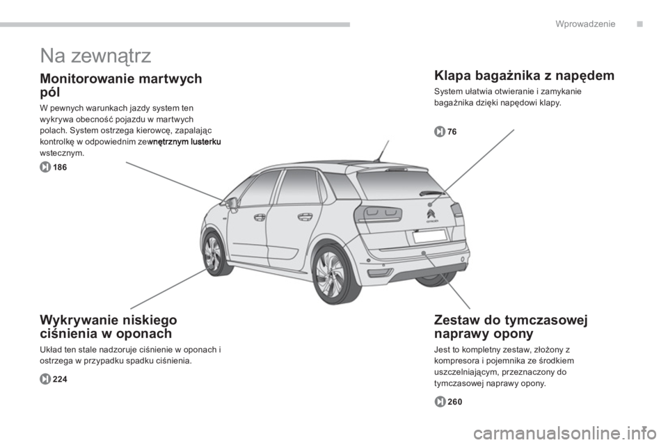 CITROEN C4 SPACETOURER 2014  Instrukcja obsługi (in Polish) .
7
Wprowadzenie
  Na zewnątrz 
 
 
Klapa bagażnika z napędem
 
System ułatwia otwieranie i zamykanie
bagażnika dzięki napędowi klapy. 
7
6
260 18
6
224
   
Zestaw do tymczasowej 
napraw
y opon