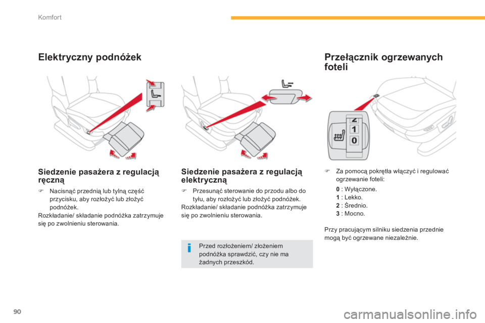 CITROEN C4 SPACETOURER 2014  Instrukcja obsługi (in Polish) 90
Komfor t
Elektryczny podnóżek
Siedzenie pasażera z regulacją ręczną 
�)Nacisnąć przednią lub tylną częśćprzycisku, aby rozłożyć lub złożyć podn