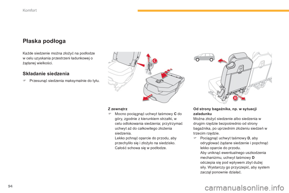 CITROEN C4 SPACETOURER 2014  Instrukcja obsługi (in Polish) 94
Komfor t
Płaska podłoga 
Składanie siedzenia
Z zewnątrz�) 
 Mocno pociągnąć uchwyt taśmowy  Cdo góry, zgodnie z kierunkiem strzałki, wcelu odlokowania siedzenia; przytrzymać uchwyt aż d