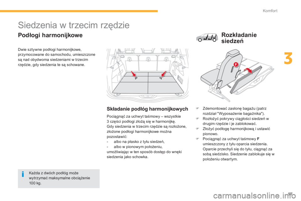 CITROEN C4 SPACETOURER 2014  Instrukcja obsługi (in Polish) 97
3
Komfor t
   
 
 
 
 
 
 
 
 
 
 
Siedzenia w trzecim rzędzie 
 
 
Podłogi harmonijkowe
Składanie podłóg harmonijkowych�) 
 Zdemontować zasłonę bagażu (patrz 
rozdział "Wyposażenie baga