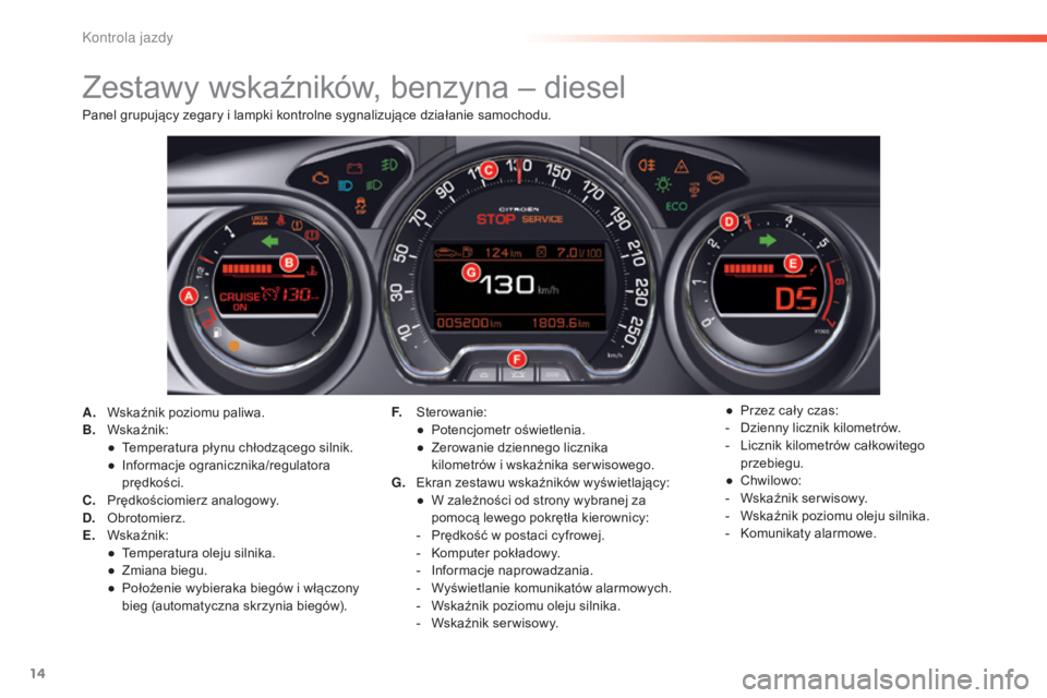 CITROEN C5 2016  Instrukcja obsługi (in Polish) 14
c5_pl_chap01_controle-de-marche_ed01-2015
Zestawy wskaźników, benzyna – diesel
A. Wskaźnik poziomu paliwa.
B. Wskaźnik:
●
  t
e
 mperatura płynu chłodzącego silnik.
●
 I

nformacje ogr
