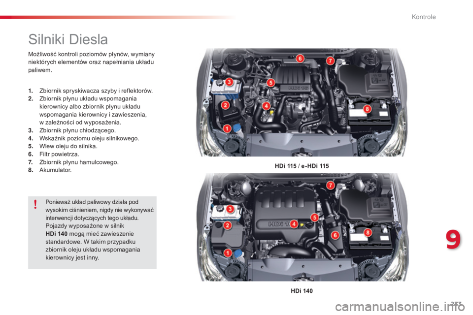 CITROEN C5 2015  Instrukcja obsługi (in Polish) 233
c5_pl_ chap09_verification_ed01-2014
silniki Diesla
HDi 115 / e- HDi 115
H Di 140
Możliwość kontroli poziomów płynów, wymiany 
niektórych elementów oraz napełniania układu 
paliwem.
1.
 