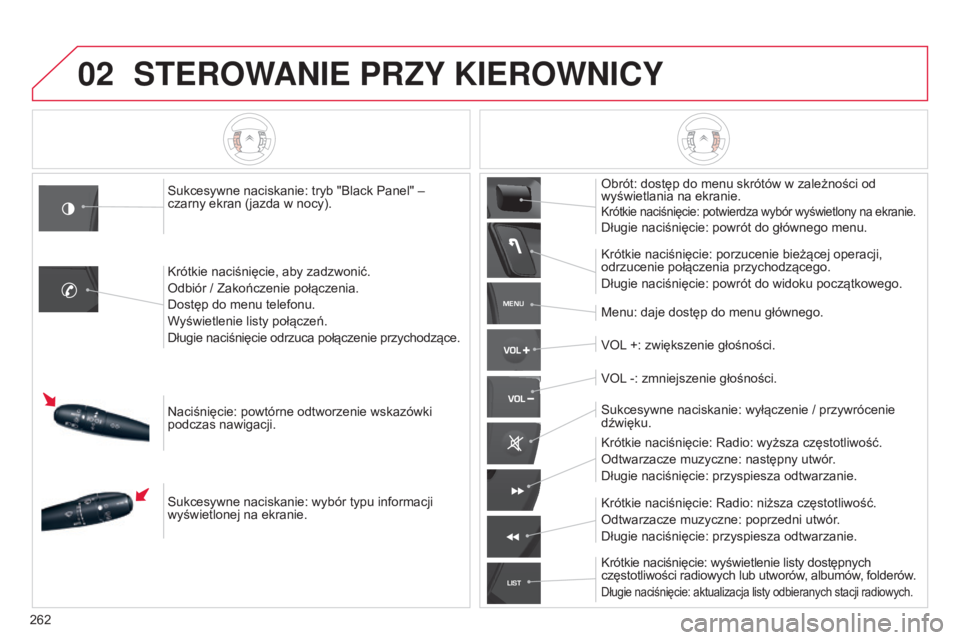 CITROEN C5 2015 Instrukcja obsługi (in Polish) 02
MENU
LIST
262
c5_pl_chap11b_rt6-2-8_ed01-2014
STEROWANIE PRZY KIEROWNICY
sukcesywne naciskanie: tryb "black Panel" –
czarny ekran (jazda w nocy).
k
rótkie naciśnięcie, aby zadzwonić CITROEN C5 2015 Instrukcja obsługi (in Polish) 02
MENU
LIST
262
c5_pl_chap11b_rt6-2-8_ed01-2014
STEROWANIE PRZY KIEROWNICY
sukcesywne naciskanie: tryb "black Panel" –
czarny ekran (jazda w nocy).
k
rótkie naciśnięcie, aby zadzwonić