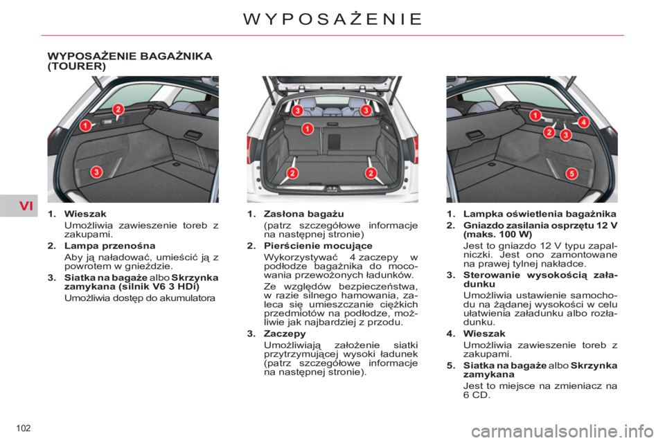 CITROEN C5 2014  Instrukcja obsługi (in Polish) VI
102 
WYPOSAŻENIE
WYPOSAŻENIE BAGAŻNIKA (TOURER) 
 
 
 
1. 
  Wieszak 
 
 
   Umożliwia zawieszenie toreb z 
zakupami. 
   
2. 
  Lampa przenośna 
 
 
 Aby ją naładować, umieścić ją z 
po