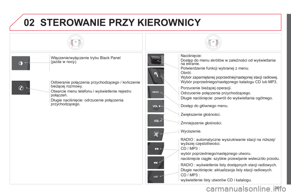 CITROEN C5 2014 Instrukcja obsługi (in Polish) 281
02
MENU
LIST
STEROWANIE PRZY KIEROWNICY
Naciśnięcie: Dostęp do menu skrótów w zależności od wyświetlania na ekranie.ępęp
Potwierdzenie funkcji wybranej z menu.Obrót:
Wybór zapa CITROEN C5 2014 Instrukcja obsługi (in Polish) 281
02
MENU
LIST
STEROWANIE PRZY KIEROWNICY
Naciśnięcie: Dostęp do menu skrótów w zależności od wyświetlania na ekranie.ępęp
Potwierdzenie funkcji wybranej z menu.Obrót:
Wybór zapa