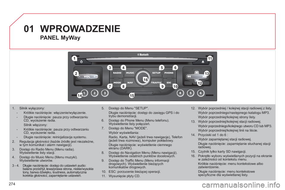 CITROEN C5 2012  Instrukcja obsługi (in Polish) 274
01
1
55
101
22
334466
131
111
99
144155
77881212161
1.  Silnik wyłączony:  -   Krótkie naciśnięcie: włączenie/wyłączenie.  - Długie naciśnięcie: pauza przy odtwarzaniuCD, wyciszenie ra