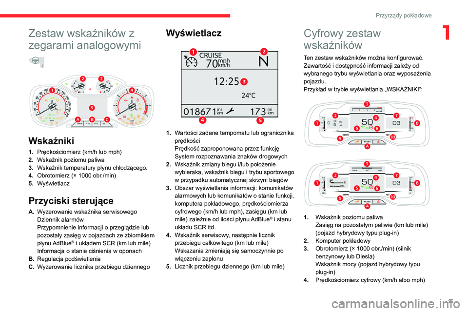 CITROEN C5 AIRCROSS 2022 Instrukcja obsługi (in Polish) 9
Przyrządy pokładowe
1Zestaw wskaźników z
zegarami analogowymi
Wskaźniki
1. Prędkościomierz (km/h lub mph)
2. Wskaźnik poziomu paliwa
3. Wskaźnik temperatury płynu chłodzącego.
4. CITROEN C5 AIRCROSS 2022 Instrukcja obsługi (in Polish) 9
Przyrządy pokładowe
1Zestaw wskaźników z
zegarami analogowymi
Wskaźniki
1. Prędkościomierz (km/h lub mph)
2. Wskaźnik poziomu paliwa
3. Wskaźnik temperatury płynu chłodzącego.
4.