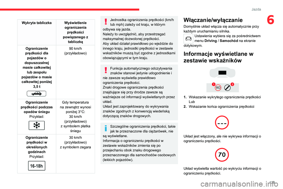 CITROEN C5 AIRCROSS 2022 Instrukcja obsługi (in Polish) 129
Jazda
6Wykryta tabliczka Wyświetlenie ograniczenia prędkości
powiązanego z tabliczką
Ograniczenie
prędkości dla pojazdów o
dopuszczalnej
masie całkowitej lub zespołu
pojazdów o CITROEN C5 AIRCROSS 2022 Instrukcja obsługi (in Polish) 129
Jazda
6Wykryta tabliczka Wyświetlenie ograniczenia prędkości
powiązanego z tabliczką
Ograniczenie
prędkości dla pojazdów o
dopuszczalnej
masie całkowitej lub zespołu
pojazdów o