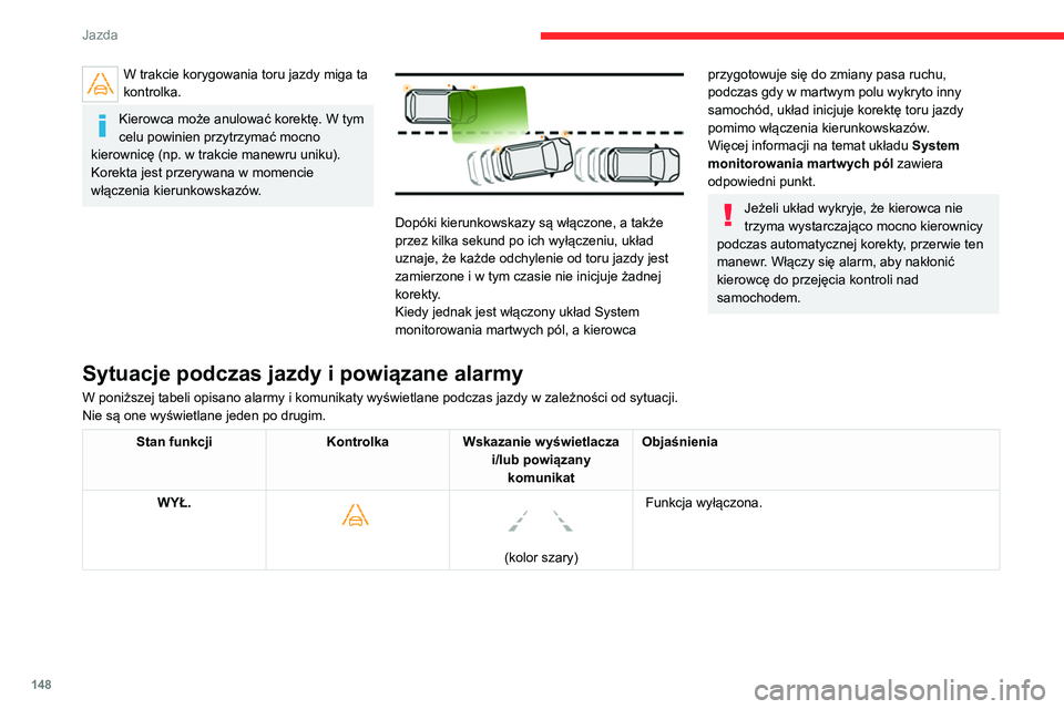 CITROEN C5 AIRCROSS 2022  Instrukcja obsługi (in Polish) 148
Jazda
W trakcie korygowania toru jazdy miga ta 
kontrolka.
Kierowca może anulować korektę. W tym 
celu powinien przytrzymać mocno 
kierownicę (np. w trakcie manewru uniku).
Korekta jest przer
