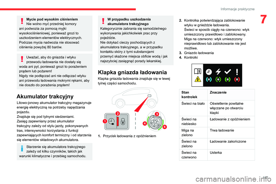 CITROEN C5 AIRCROSS 2022  Instrukcja obsługi (in Polish) 167
Informacje praktyczne
7Mycie pod wysokim ciśnieniem
Nie wolno myć przedniej komory 
ani podwozia za pomocą myjki 
wysokociśnieniowej, ponieważ grozi to 
uszkodzeniem elementów elektrycznych.
