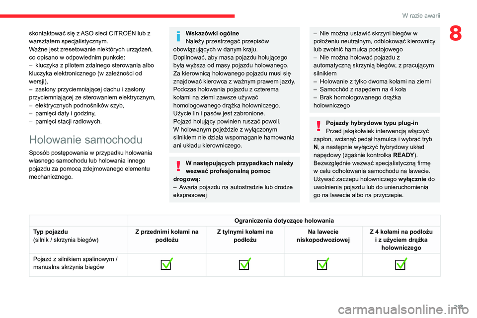 CITROEN C5 AIRCROSS 2022  Instrukcja obsługi (in Polish) 215
W razie awarii
8skontaktować się z ASO sieci CITROËN lub z 
warsztatem specjalistycznym.
Ważne jest zresetowanie niektórych urządzeń, 
co opisano w odpowiednim punkcie:
– 
kluczyka z pilo