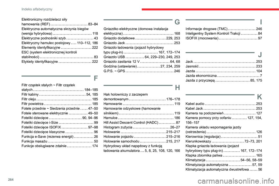 CITROEN C5 AIRCROSS 2022  Instrukcja obsługi (in Polish) 264
Indeks alfabetyczny
Elektroniczny rozdzielacz siły  
hamowania (REF)     
83–84
Elektryczna automatyczna skrzynia biegów 
(wersja hybrydowa)
    
118
Elektryczne podnośniki szyb
    
43
Elekt