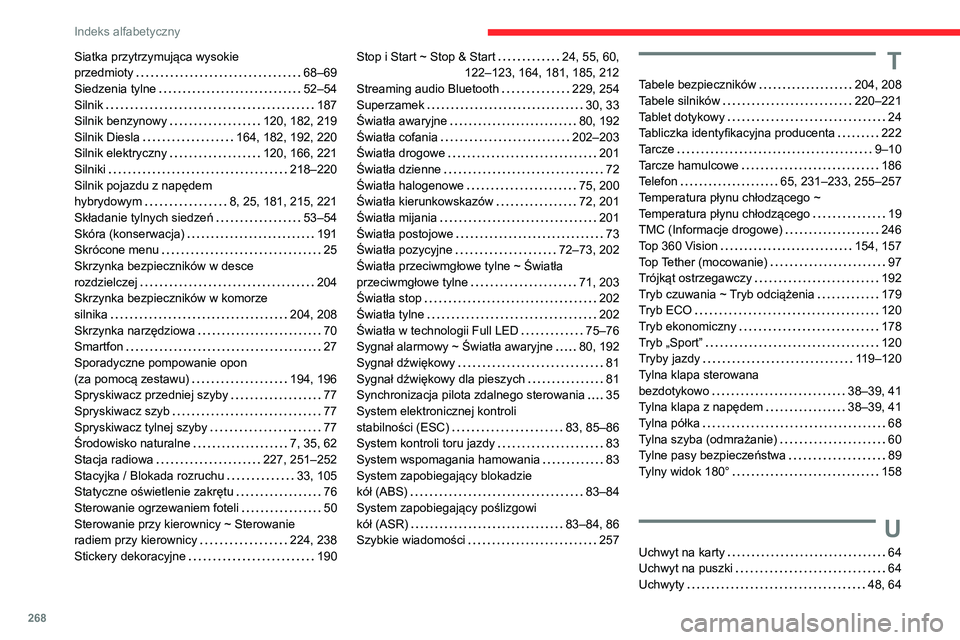 CITROEN C5 AIRCROSS 2022  Instrukcja obsługi (in Polish) 268
Indeks alfabetyczny
Siatka przytrzymująca wysokie  
przedmioty     
68–69
Siedzenia tylne
    
52–54
Silnik
    
187
Silnik benzynowy
    
120, 182, 219
Silnik Diesla
    
164, 182, 192, 220
