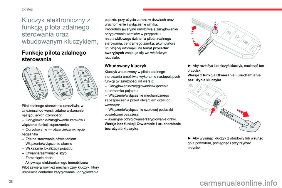 CITROEN C5 AIRCROSS 2022  Instrukcja obsługi (in Polish) 28
Dostęp 
Kluczyk elektroniczny z 
funkcją pilota zdalnego 
sterowania oraz 
wbudowanym kluczykiem,
Funkcje pilota zdalnego 
sterowania
 
 
Pilot zdalnego sterowania umożliwia, w 
zależności od 