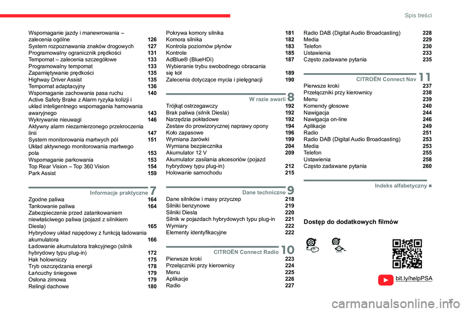 CITROEN C5 AIRCROSS 2022 Instrukcja obsługi (in Polish) 3
Spis treści
Wspomaganie jazdy i manewrowania –
zalecenia ogólne 126
System rozpoznawania znaków drogowych 127
Programowalny ogranicznik prędkości 131
Tempomat – zalecenia CITROEN C5 AIRCROSS 2022 Instrukcja obsługi (in Polish) 3
Spis treści
Wspomaganie jazdy i manewrowania –
zalecenia ogólne 126
System rozpoznawania znaków drogowych 127
Programowalny ogranicznik prędkości 131
Tempomat – zalecenia