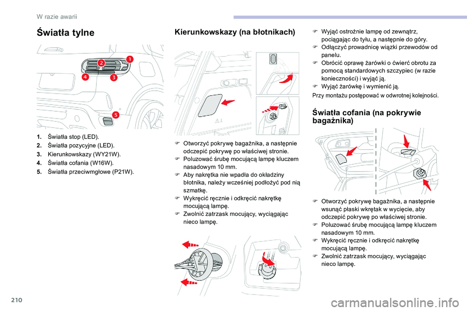 CITROEN C5 AIRCROSS 2020 Instrukcja obsługi (in Polish) 210
Światła tylne
1.Światła stop (LED).
2. Światła pozycyjne (LED).
3. Kierunkowskazy (W Y21W).
4. Światła cofania (W16W).
5. Światła przeciwmgłowe (P21W).
Kierunkowskazy (na błotnikach)
F CITROEN C5 AIRCROSS 2020 Instrukcja obsługi (in Polish) 210
Światła tylne
1.Światła stop (LED).
2. Światła pozycyjne (LED).
3. Kierunkowskazy (W Y21W).
4. Światła cofania (W16W).
5. Światła przeciwmgłowe (P21W).
Kierunkowskazy (na błotnikach)
F