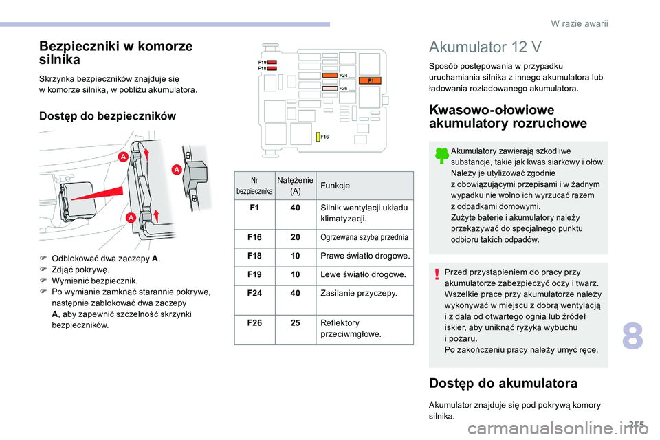 CITROEN C5 AIRCROSS 2020 Instrukcja obsługi (in Polish) 215
Nr
bezpiecznikaNatężenie (A)Funkcje
F1 40Silnik wentylacji układu
klimatyzacji.
F16 20
Ogrzewana szyba przednia
F18 10Prawe światło drogowe.
F19 10Lewe światło drogowe.
F24 40Zasilanie p CITROEN C5 AIRCROSS 2020 Instrukcja obsługi (in Polish) 215
Nr
bezpiecznikaNatężenie (A)Funkcje
F1 40Silnik wentylacji układu
klimatyzacji.
F16 20
Ogrzewana szyba przednia
F18 10Prawe światło drogowe.
F19 10Lewe światło drogowe.
F24 40Zasilanie p
