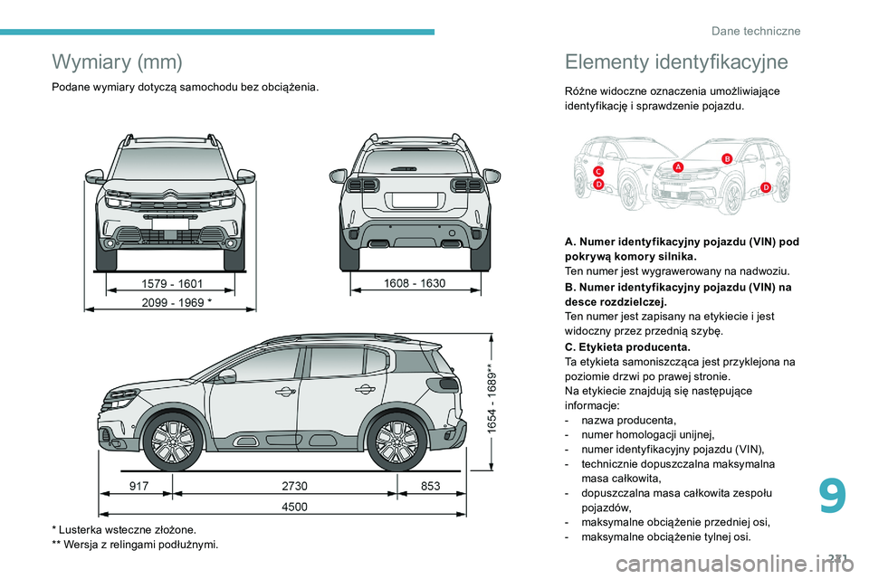 CITROEN C5 AIRCROSS 2020 Instrukcja obsługi (in Polish) 221
Elementy identyfikacyjne
Różne widoczne oznaczenia umożliwiające
identyfikację i sprawdzenie pojazdu.
A. Numer identyfikacyjny pojazdu (VIN) pod
pokr ywą komor y silnika.
Ten numer jest w CITROEN C5 AIRCROSS 2020 Instrukcja obsługi (in Polish) 221
Elementy identyfikacyjne
Różne widoczne oznaczenia umożliwiające
identyfikację i sprawdzenie pojazdu.
A. Numer identyfikacyjny pojazdu (VIN) pod
pokr ywą komor y silnika.
Ten numer jest w