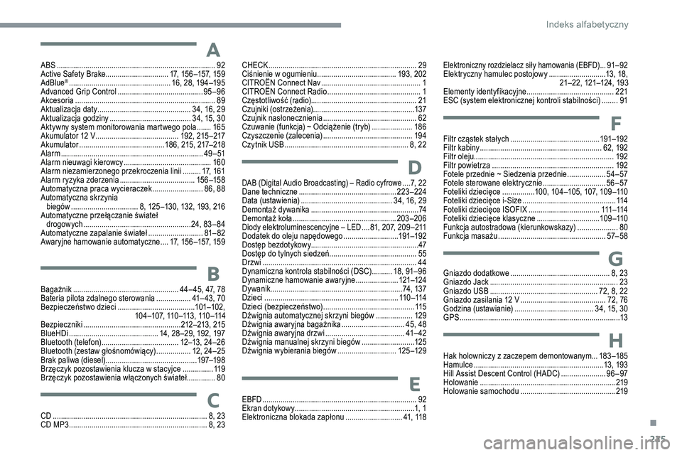 CITROEN C5 AIRCROSS 2020 Instrukcja obsługi (in Polish) 225
ABS .............................................................................. 92
Active Safety Brake............................... 17, 156 –157, 159
AdBlue
® ............................. CITROEN C5 AIRCROSS 2020 Instrukcja obsługi (in Polish) 225
ABS .............................................................................. 92
Active Safety Brake............................... 17, 156 –157, 159
AdBlue
® .............................