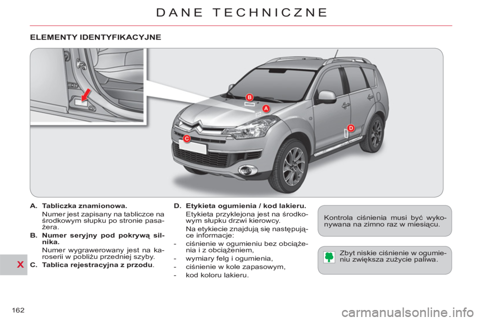 CITROEN C-CROSSER 2012  Instrukcja obsługi (in Polish) X
DANE TECHNICZNE
162   
 
 
A. 
  Tabliczka znamionowa. 
 
 
  Numer jest zapisany na tabliczce na 
środkowym słupku po stronie pasa-
żera. 
   
B. 
  Numer seryjny pod pokrywą sil-
nika. 
 
 
  