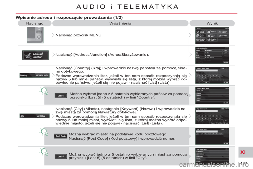 CITROEN C-CROSSER 2012  Instrukcja obsługi (in Polish) XI
187 
AUDIO i TELEMATYKA
  Nacisnąć 
  Wyjaśnienia   Wynik 
  Nacisnąć przycisk MENU. 
  Nacisnąć [Address/Junction] (Adres/Skrzyżowanie). 
  Nacisnąć [Country] (Kraj) i wprowadzić nazwę